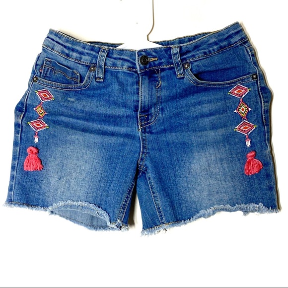 Vigoss Other - Vigoss The Malibu Cut Off Mid Shorts Embroidered Denim Blue Pink Size Girls 16